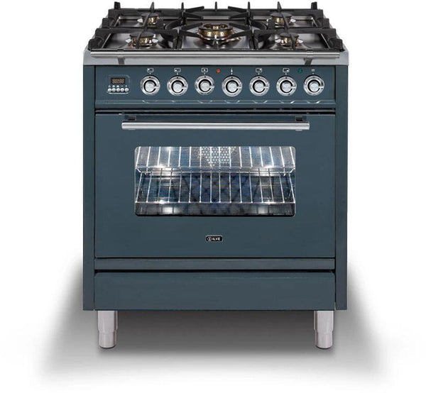 ILVE 30" Professional Plus Dual Fuel Range with 5 Sealed Brass Burners - 2.7 cu. ft. Oven - in Blue Grey with Chrome Trim (UPW76DMPGU)