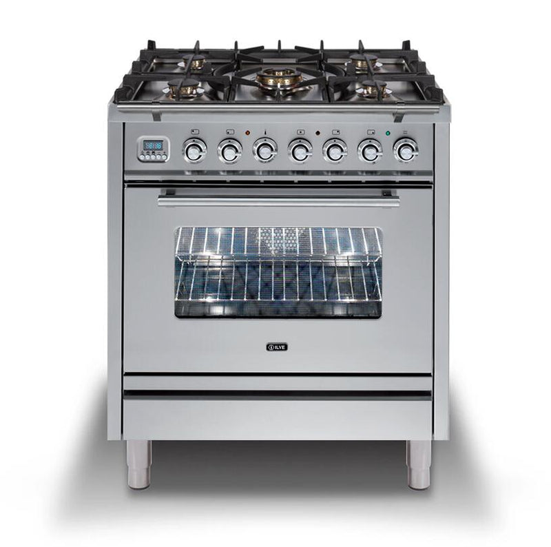 ILVE 30" Professional Plus Series Freestanding Single Oven Duel Fuel Range with 5 Sealed Burners in Stainless Steel with Chrome Trim (UPW76DMPI)