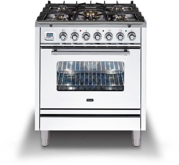 ILVE 30" Professional Plus Series Freestanding Single Oven Duel Fuel Range with 5 Sealed Burners in White with Chrome Trim (UPW76DMPB)