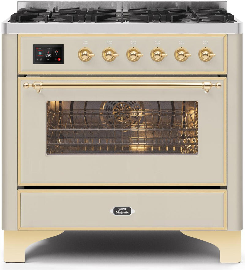 ILVE 36" Majestic II Dual Fuel Range with 6 Burners - 3.5 cu. ft. Oven - Brass Trim in Antique White (UM096DNS3AWG)