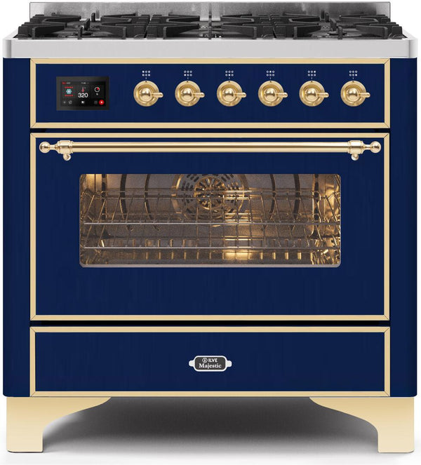 ILVE 36" Majestic II Dual Fuel Range with 6 Burners - 3.5 cu. ft. Oven - Brass Trim in Blue (UM096DNS3MBG)