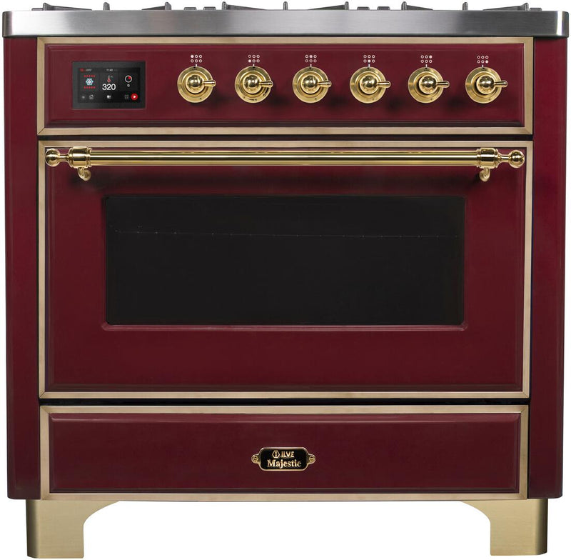 ILVE 36" Majestic II Dual Fuel Range with 6 Burners - 3.5 cu. ft. Oven - Brass Trim in Burgundy (UM096DNS3BUG)