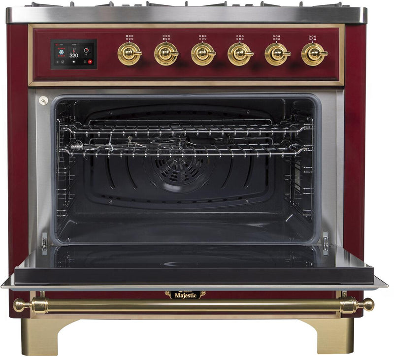 ILVE 36" Majestic II Dual Fuel Range with 6 Burners - 3.5 cu. ft. Oven - Brass Trim in Burgundy (UM096DNS3BUG)