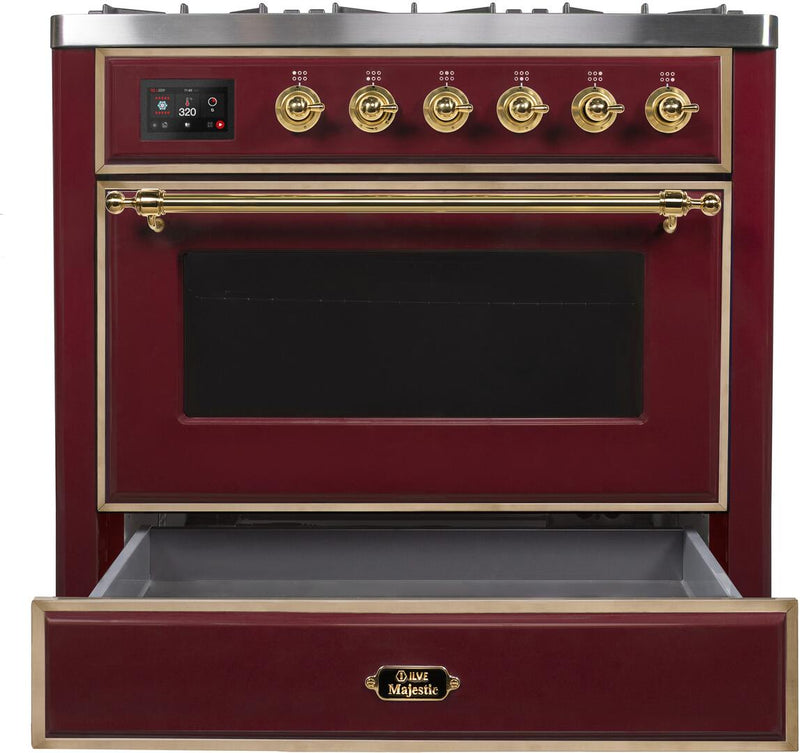 ILVE 36" Majestic II Dual Fuel Range with 6 Burners - 3.5 cu. ft. Oven - Brass Trim in Burgundy (UM096DNS3BUG)