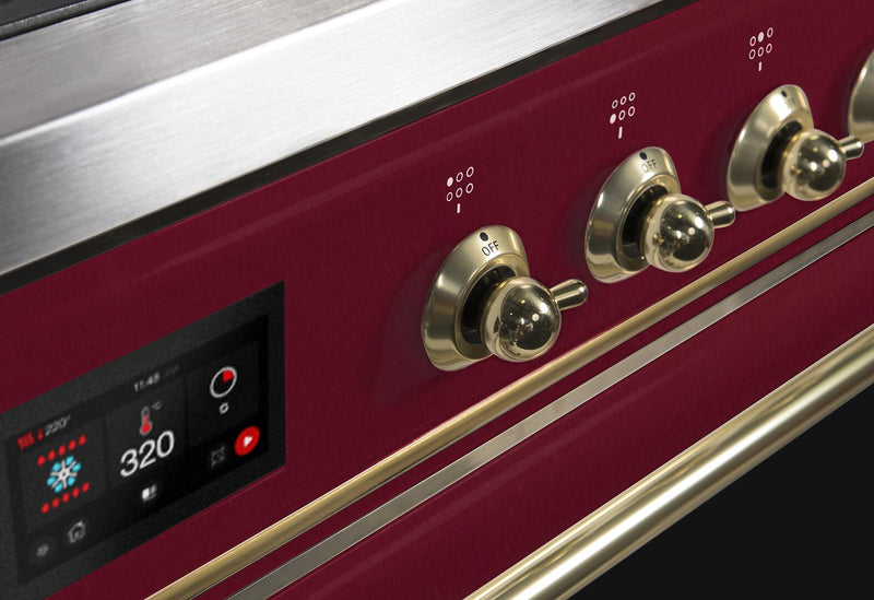 ILVE 36" Majestic II Dual Fuel Range with 6 Burners - 3.5 cu. ft. Oven - Brass Trim in Burgundy (UM096DNS3BUG)