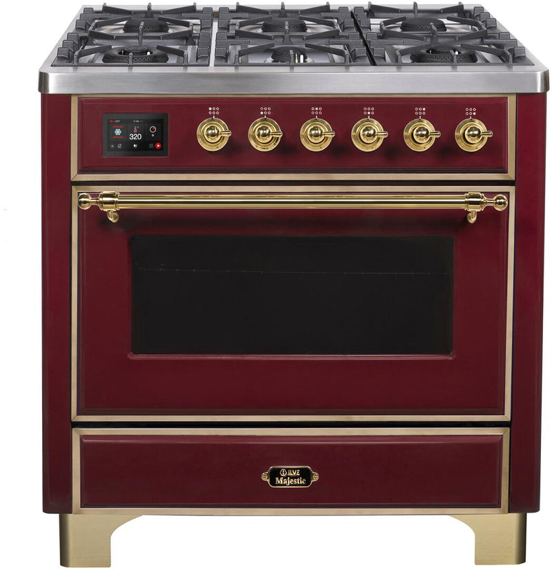 ILVE 36" Majestic II Dual Fuel Range with 6 Burners - 3.5 cu. ft. Oven - Brass Trim in Burgundy (UM096DNS3BUG)