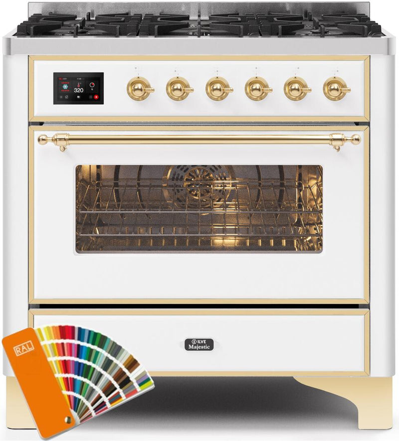 ILVE 36" Majestic II Dual Fuel Range with 6 Burners - 3.5 cu. ft. Oven - Brass Trim in Custom RAL Color (UM096DNS3RALG)