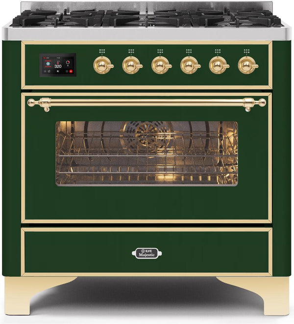 ILVE 36" Majestic II Dual Fuel Range with 6 Burners - 3.5 cu. ft. Oven - Brass Trim in Emerald Green (UM096DNS3EGG)