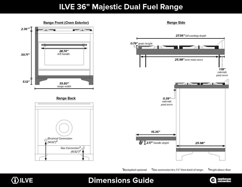 ILVE 36" Majestic II Dual Fuel Range with 6 Burners - 3.5 cu. ft. Oven - Brass Trim in Glossy Black (UM096DNS3BKG)