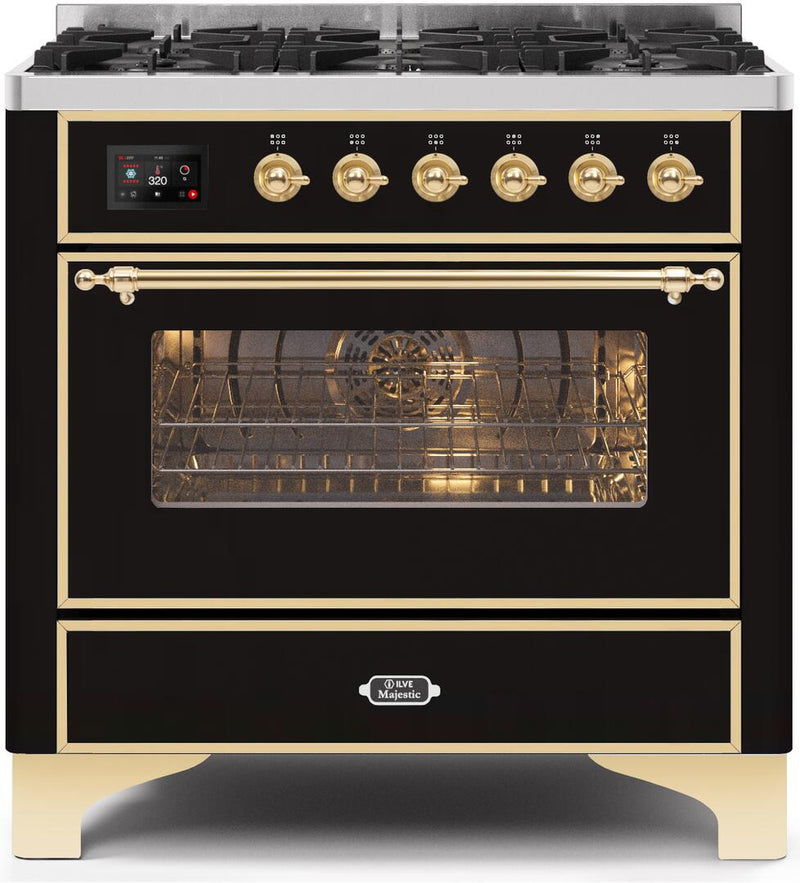 ILVE 36" Majestic II Dual Fuel Range with 6 Burners - 3.5 cu. ft. Oven - Brass Trim in Glossy Black (UM096DNS3BKG)