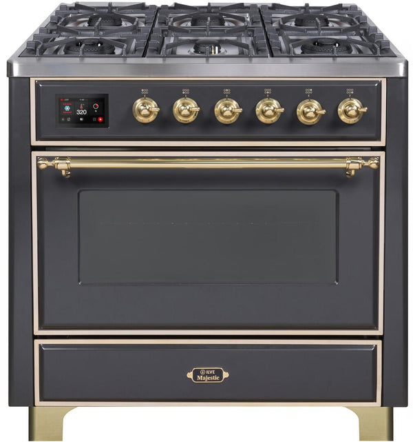 ILVE 36" Majestic II Dual Fuel Range with 6 Burners - 3.5 cu. ft. Oven - Brass Trim in Matte Graphite (UM096DNS3MGG)