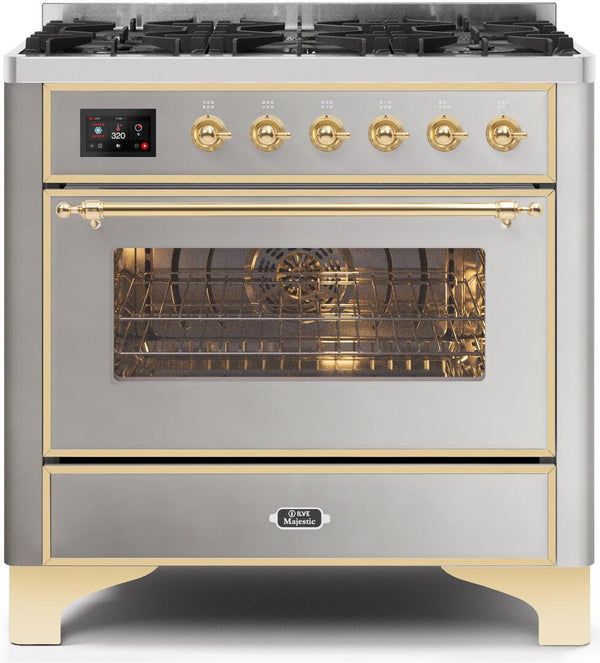 ILVE 36" Majestic II Dual Fuel Range with 6 Burners - 3.5 cu. ft. Oven - Brass Trim in Stainless Steel (UM096DNS3SSG)