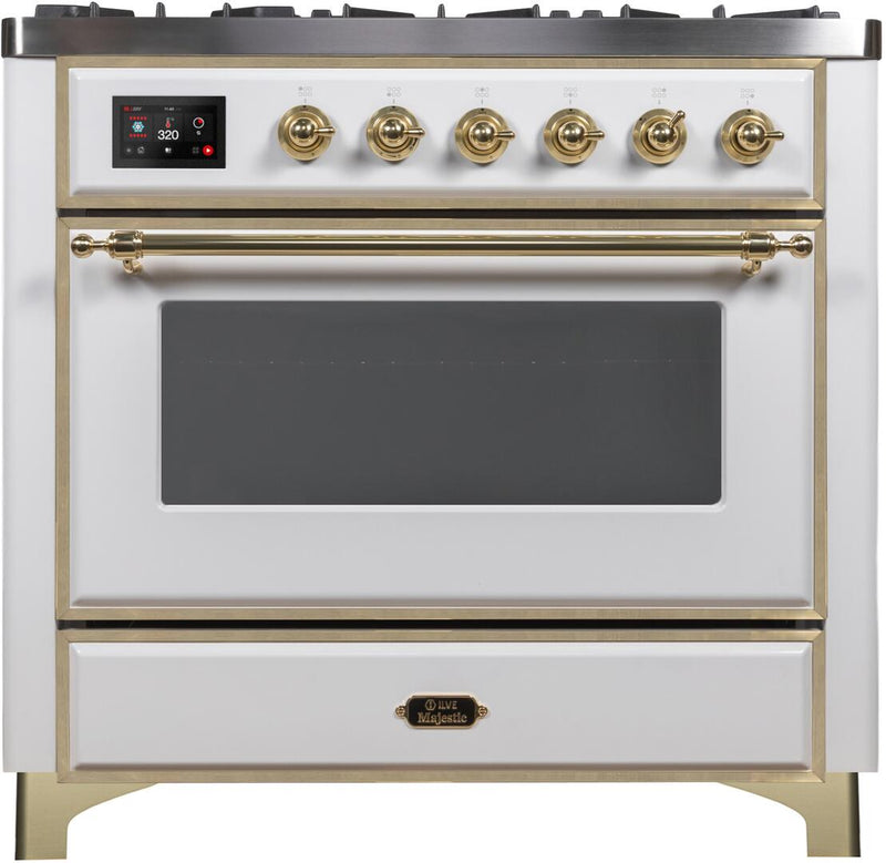 ILVE 36" Majestic II Dual Fuel Range with 6 Burners - 3.5 cu. ft. Oven - Brass Trim in White (UM096DNS3WHG)