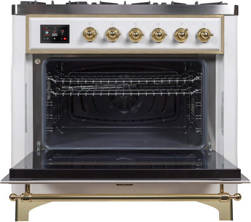 ILVE 36" Majestic II Dual Fuel Range with 6 Burners - 3.5 cu. ft. Oven - Brass Trim in White (UM096DNS3WHG)