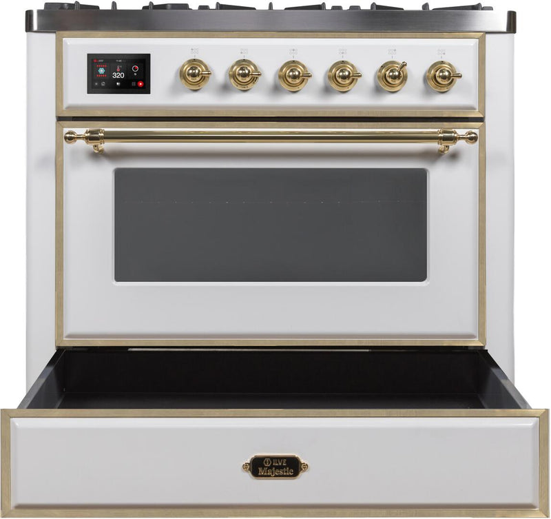 ILVE 36" Majestic II Dual Fuel Range with 6 Burners - 3.5 cu. ft. Oven - Brass Trim in White (UM096DNS3WHG)