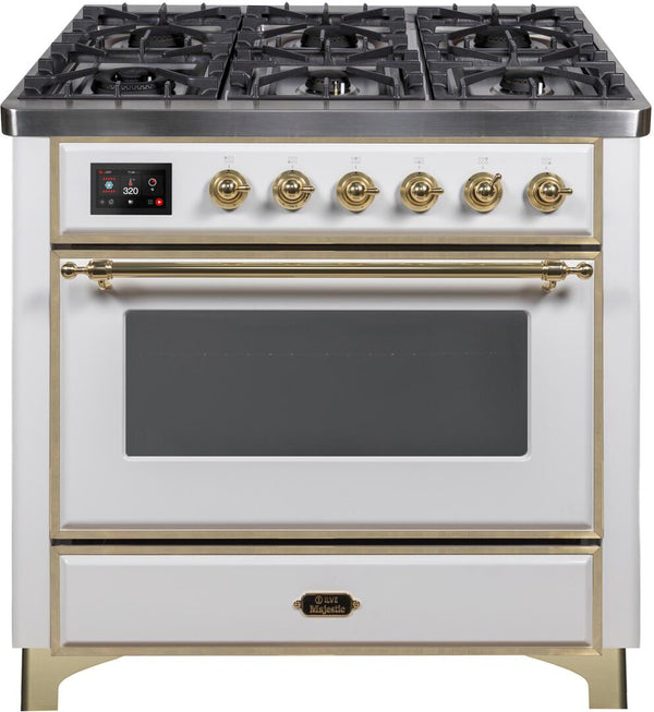 ILVE 36" Majestic II Dual Fuel Range with 6 Burners - 3.5 cu. ft. Oven - Brass Trim in White (UM096DNS3WHG)