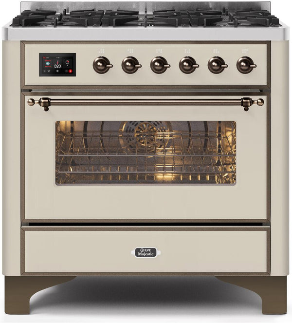 ILVE 36" Majestic II Dual Fuel Range with 6 Burners - 3.5 cu. ft. Oven - Bronze Trim in Antique White (UM096DNS3AWB)