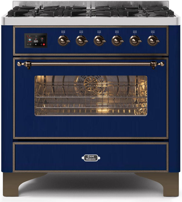 ILVE 36" Majestic II Dual Fuel Range with 6 Burners - 3.5 cu. ft. Oven - Bronze Trim in Blue (UM096DNS3MBB)