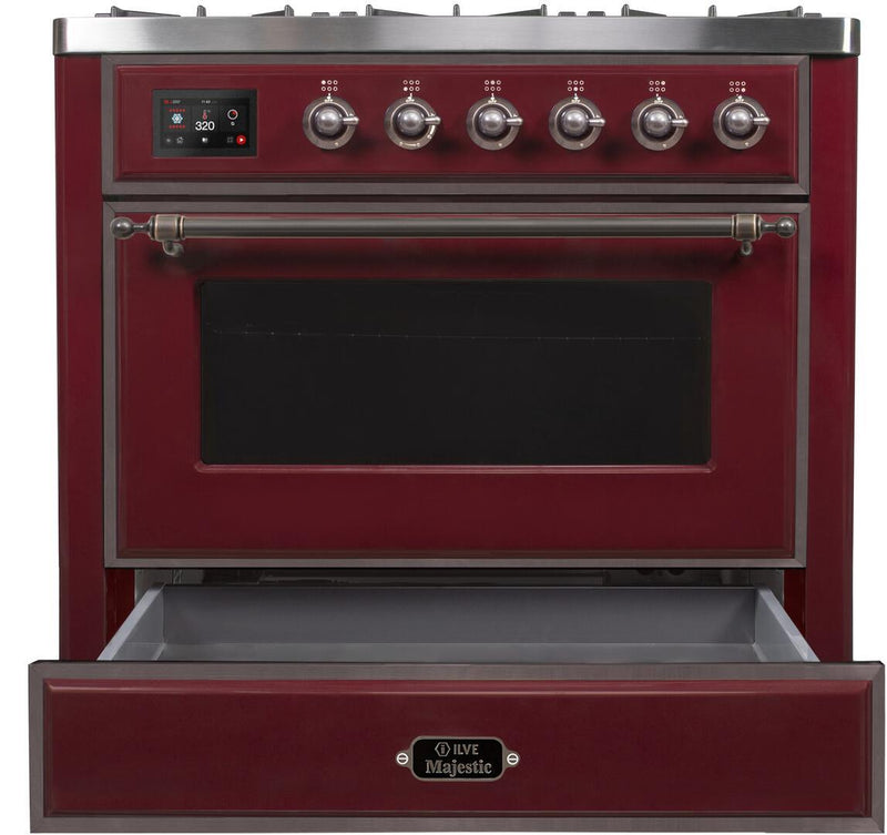 ILVE 36" Majestic II Dual Fuel Range with 6 Burners - 3.5 cu. ft. Oven - Bronze Trim in Burgundy (UM096DNS3BUB)