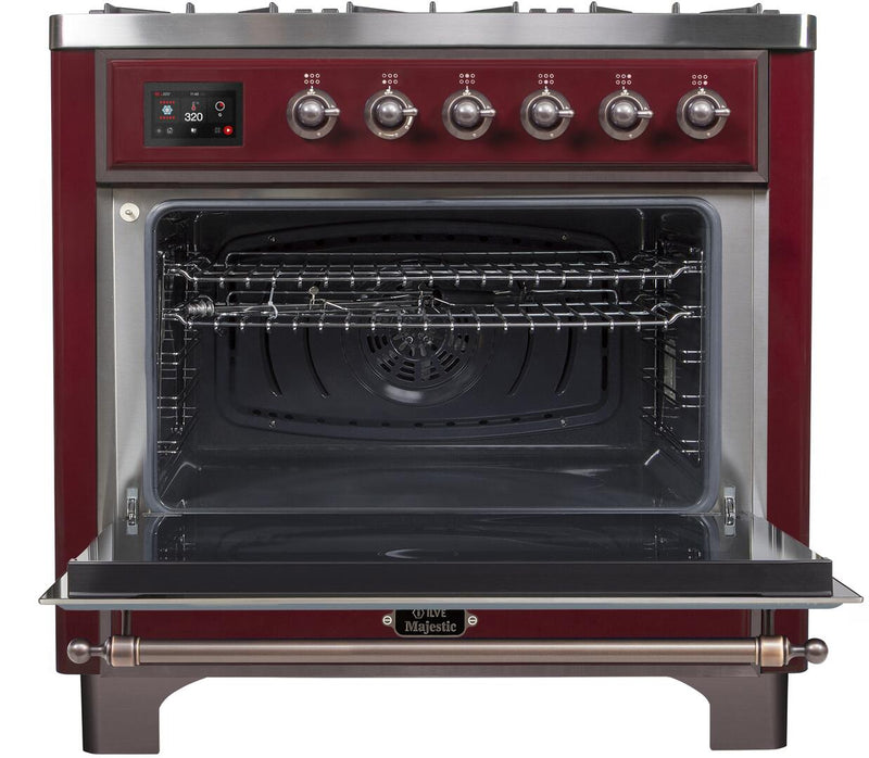 ILVE 36" Majestic II Dual Fuel Range with 6 Burners - 3.5 cu. ft. Oven - Bronze Trim in Burgundy (UM096DNS3BUB)