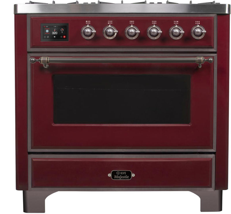 ILVE 36" Majestic II Dual Fuel Range with 6 Burners - 3.5 cu. ft. Oven - Bronze Trim in Burgundy (UM096DNS3BUB)