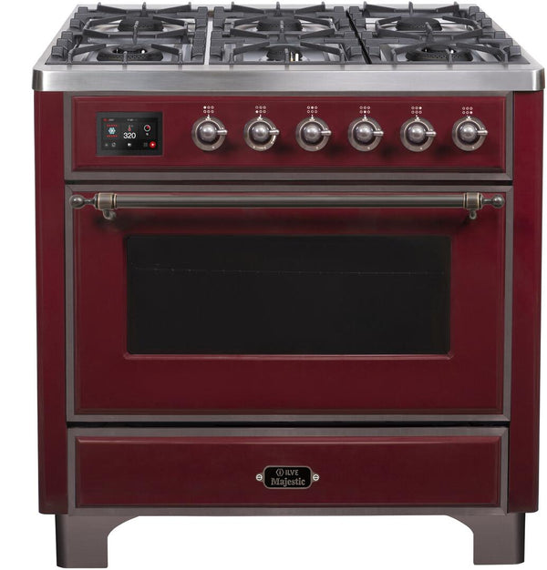 ILVE 36" Majestic II Dual Fuel Range with 6 Burners - 3.5 cu. ft. Oven - Bronze Trim in Burgundy (UM096DNS3BUB)