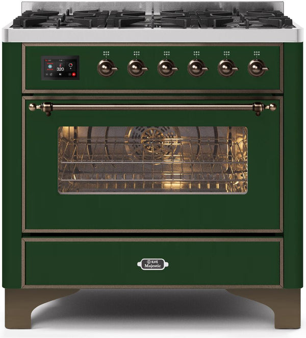 ILVE 36" Majestic II Dual Fuel Range with 6 Burners - 3.5 cu. ft. Oven - Bronze Trim in Emerald Green (UM096DNS3EGB)