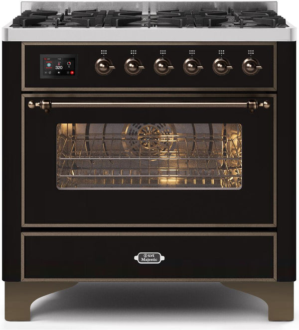 ILVE 36" Majestic II Dual Fuel Range with 6 Burners - 3.5 cu. ft. Oven - Bronze Trim in Glossy Black (UM096DNS3BKB)