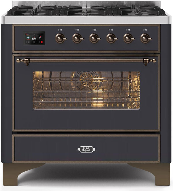 ILVE 36" Majestic II Dual Fuel Range with 6 Burners - 3.5 cu. ft. Oven - Bronze Trim in Matte Graphite (UM096DNS3MGB)