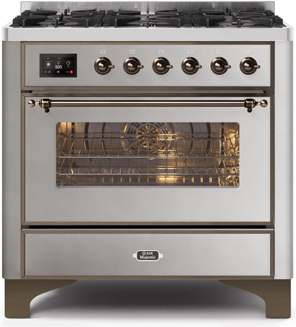 ILVE 36" Majestic II Dual Fuel Range with 6 Burners - 3.5 cu. ft. Oven - Bronze Trim in Stainless Steel (UM096DNS3SSB)