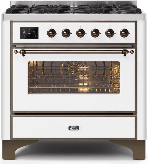 ILVE 36" Majestic II Dual Fuel Range with 6 Burners - 3.5 cu. ft. Oven - Bronze Trim in White (UM096DNS3WHB)