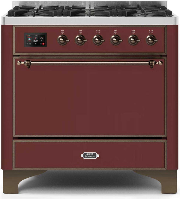 ILVE 36" Majestic II Dual Fuel Range with 6 Burners - 3.5 cu. ft. Oven - Burgundy Red (UM096DQNS3BUB)