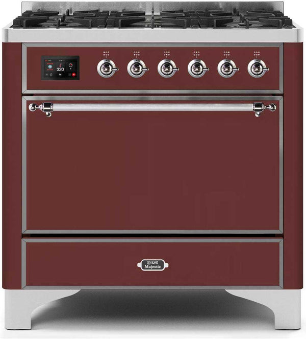 ILVE 36" Majestic II Dual Fuel Range with 6 Burners - 3.5 cu. ft. Oven - Burgundy Red (UM096DQNS3BUC)