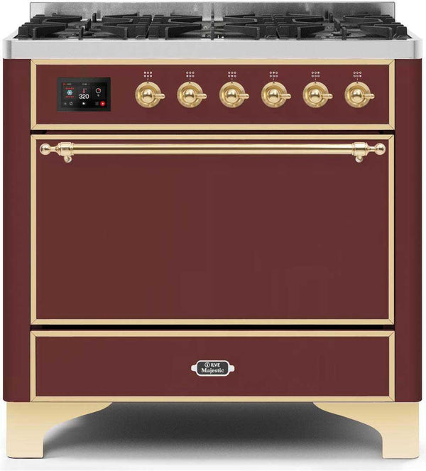 ILVE 36" Majestic II Dual Fuel Range with 6 Burners - 3.5 cu. ft. Oven - Burgundy Red (UM096DQNS3BUG)