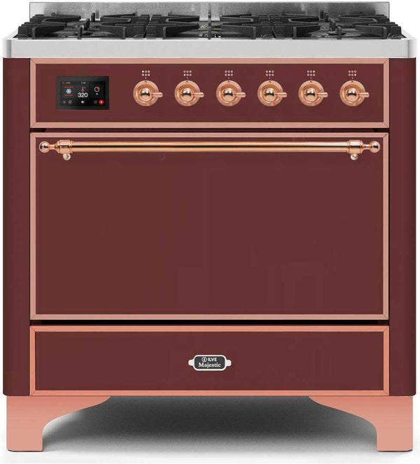 ILVE 36" Majestic II Dual Fuel Range with 6 Burners - 3.5 cu. ft. Oven - Burgundy Red (UM096DQNS3BUP)