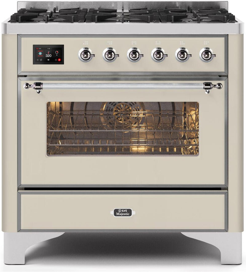 ILVE 36" Majestic II Dual Fuel Range with 6 Burners - 3.5 cu. ft. Oven - Chrome Trim in Antique White (UM096DNS3AWC)