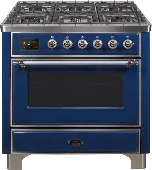 ILVE 36" Majestic II Dual Fuel Range with 6 Burners - 3.5 cu. ft. Oven - Chrome Trim in Blue (UM096DNS3MBC)