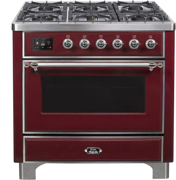 ILVE 36" Majestic II Dual Fuel Range with 6 Burners - 3.5 cu. ft. Oven - Chrome Trim in Burgundy (UM096DNS3BUC)