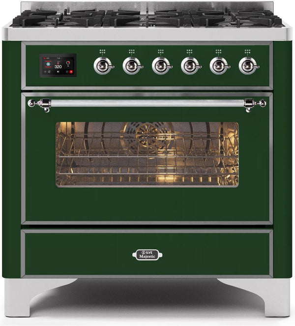 ILVE 36" Majestic II Dual Fuel Range with 6 Burners - 3.5 cu. ft. Oven - Chrome Trim in Emerald Green (UM096DNS3EGC)