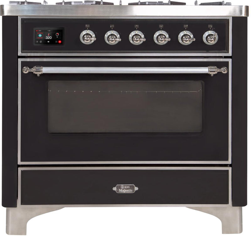 ILVE 36" Majestic II Dual Fuel Range with 6 Burners - 3.5 cu. ft. Oven - Chrome Trim in Glossy Black (UM096DNS3BKC)