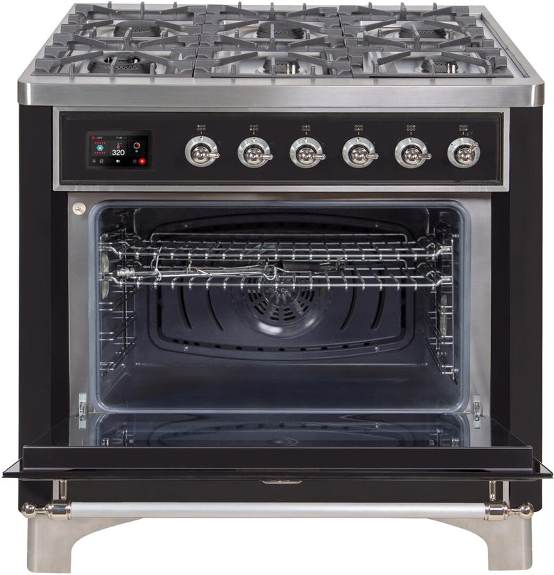 ILVE 36" Majestic II Dual Fuel Range with 6 Burners - 3.5 cu. ft. Oven - Chrome Trim in Glossy Black (UM096DNS3BKC)