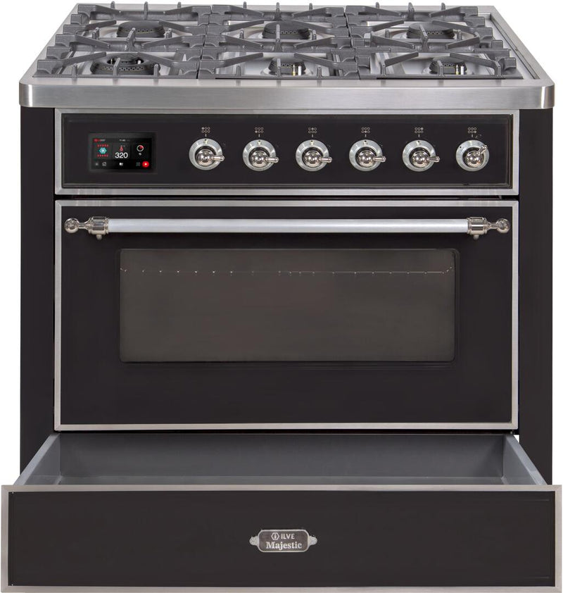 ILVE 36" Majestic II Dual Fuel Range with 6 Burners - 3.5 cu. ft. Oven - Chrome Trim in Glossy Black (UM096DNS3BKC)