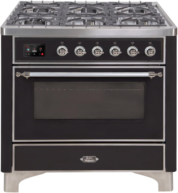 ILVE 36" Majestic II Dual Fuel Range with 6 Burners - 3.5 cu. ft. Oven - Chrome Trim in Glossy Black (UM096DNS3BKC)