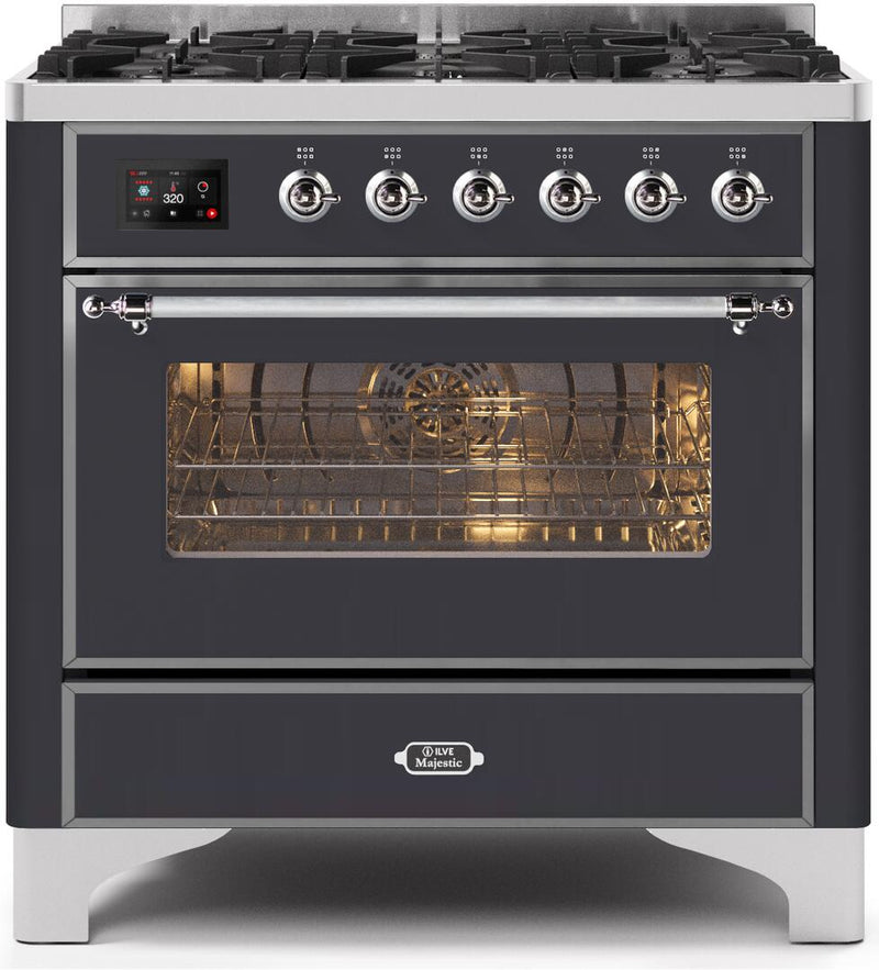 ILVE 36" Majestic II Dual Fuel Range with 6 Burners - 3.5 cu. ft. Oven - Chrome Trim in Matte Graphite (UM096DNS3MGC)