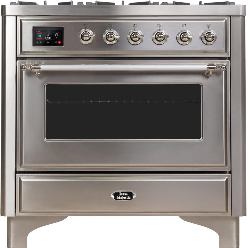 ILVE 36" Majestic II Dual Fuel Range with 6 Burners - 3.5 cu. ft. Oven - Chrome Trim in Stainless Steel (UM096DNS3SSC)