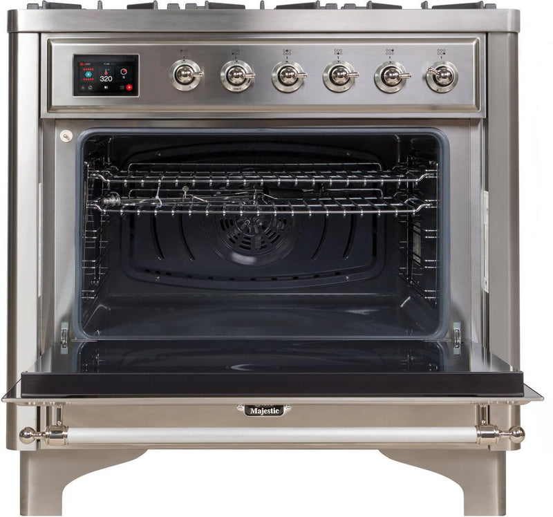 ILVE 36" Majestic II Dual Fuel Range with 6 Burners - 3.5 cu. ft. Oven - Chrome Trim in Stainless Steel (UM096DNS3SSC)