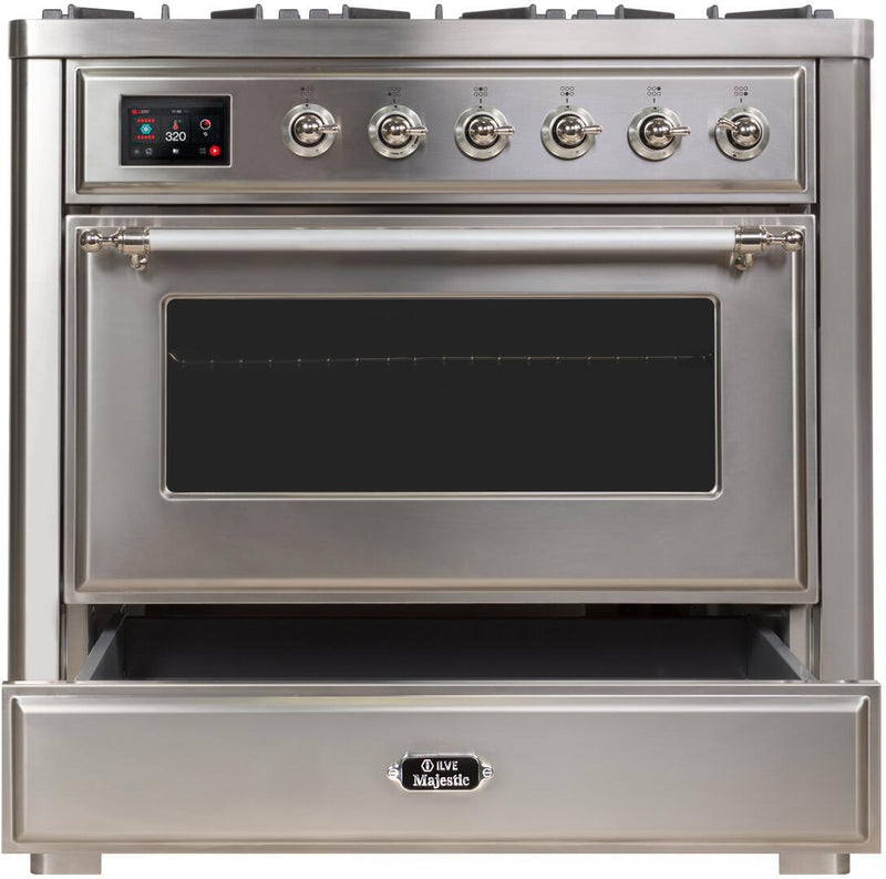 ILVE 36" Majestic II Dual Fuel Range with 6 Burners - 3.5 cu. ft. Oven - Chrome Trim in Stainless Steel (UM096DNS3SSC)