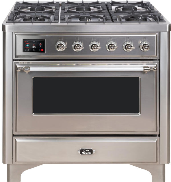 ILVE 36" Majestic II Dual Fuel Range with 6 Burners - 3.5 cu. ft. Oven - Chrome Trim in Stainless Steel (UM096DNS3SSC)