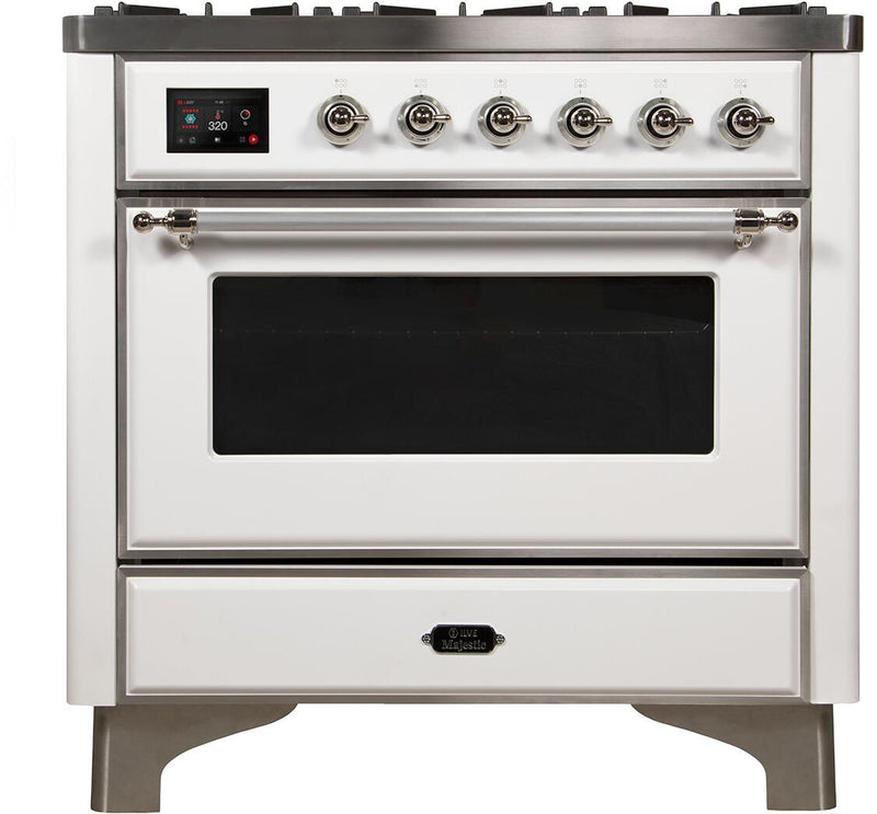 ILVE 36" Majestic II Dual Fuel Range with 6 Burners - 3.5 cu. ft. Oven - Chrome Trim in White (UM096DNS3WHC)