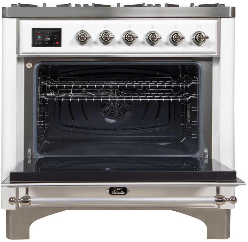 ILVE 36" Majestic II Dual Fuel Range with 6 Burners - 3.5 cu. ft. Oven - Chrome Trim in White (UM096DNS3WHC)